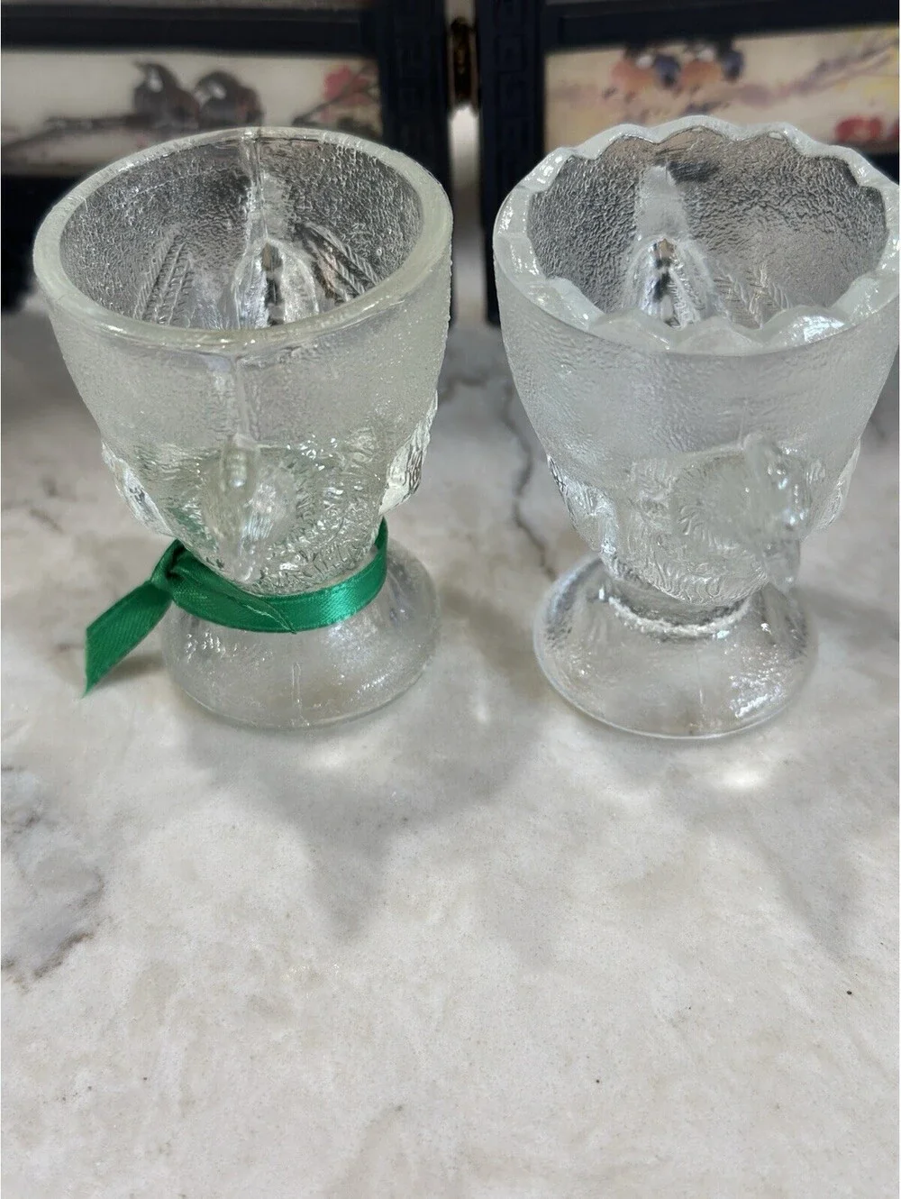 Mid Century Vintagepressed glass figural chicken egg cups Set Of 2